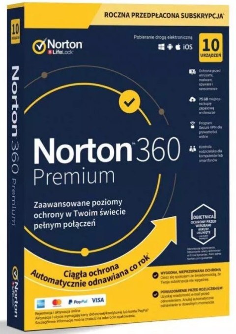 SYMANTEC 21395046 NORTON 360 PREMIUM 75GB PL 1 USER 10 DEVICE 12MO STD RET ENR MM